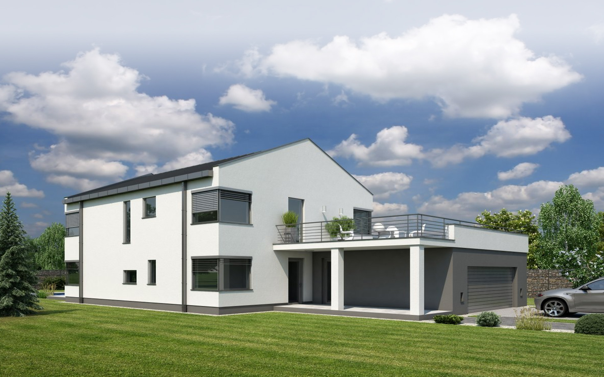 Moderní rodinný dům s dokončenou fasádou a upraveným okolím